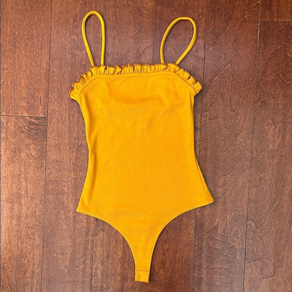 Lovers + Friends Adriana Golden Honey Bodysuit w Ruffle Detail, Revolve, Size XS